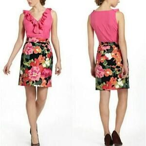 Tabitha Anthropologie Ruffle Neck Floral Print Dress Pink Multi Women's Size 6